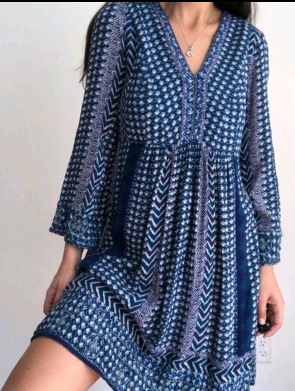🌊ANTHROPOLOGY ANTAKEMI + KIN Blue Patterned Long-Sleeve Women's Dress. BOHO ✨️L